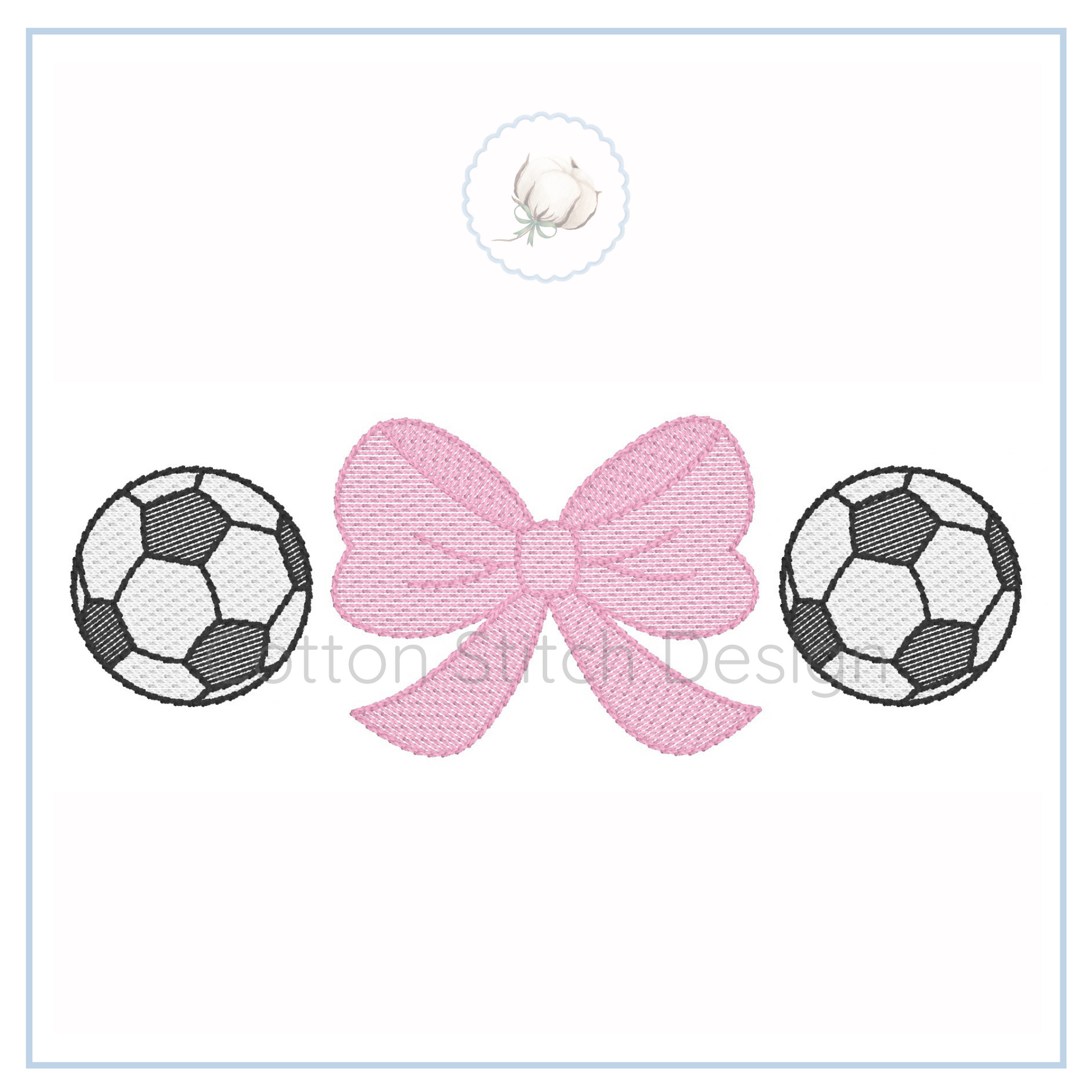 Machine Embroidery design Cotton Stitch Designs Two soccer balls with a pink bow on a white background