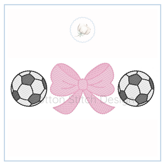 Machine Embroidery design Cotton Stitch Designs Two soccer balls with a pink bow on a white background