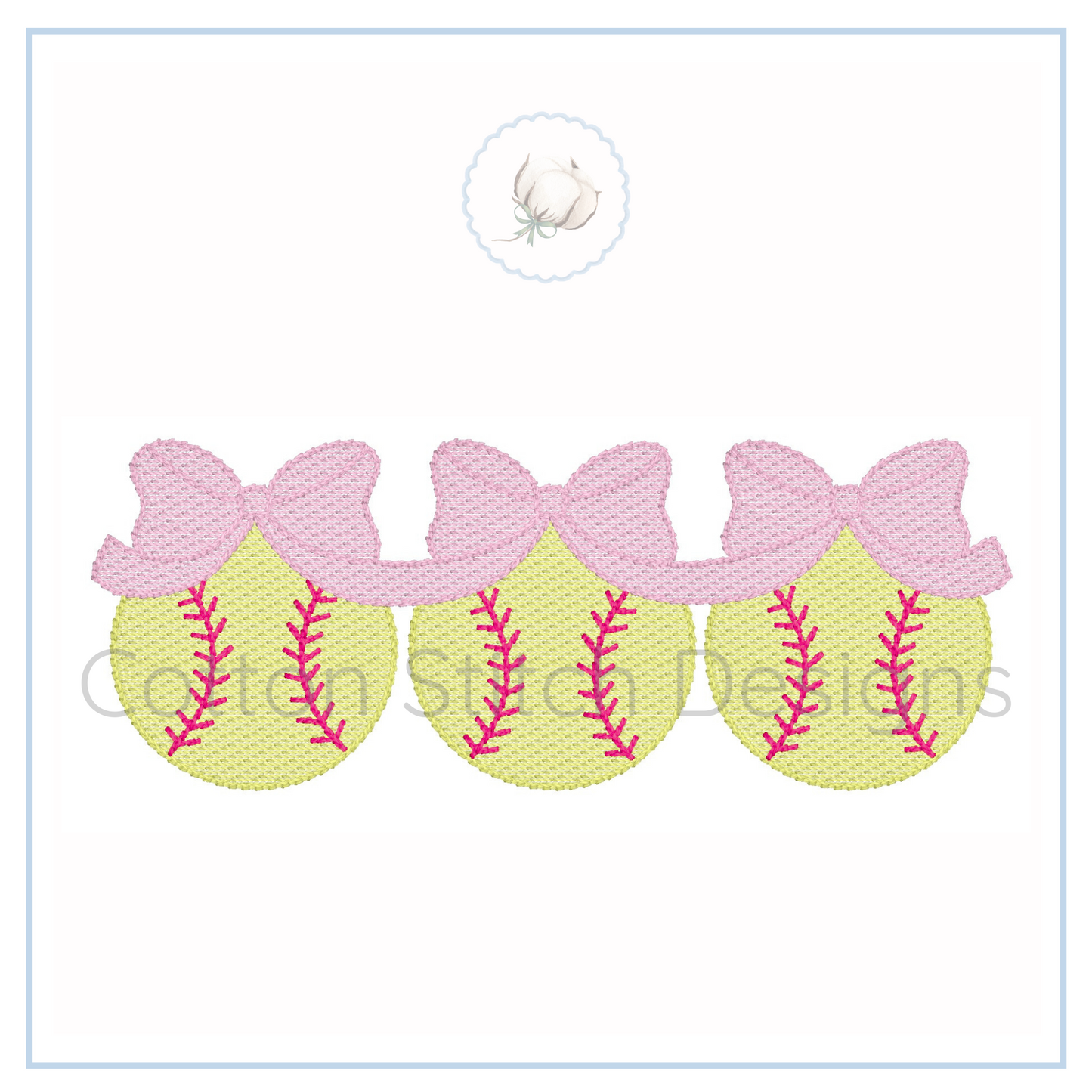 Machine Embroidery design Cotton Stitch Designs Three embroidered softball designs with pink bows on a white background