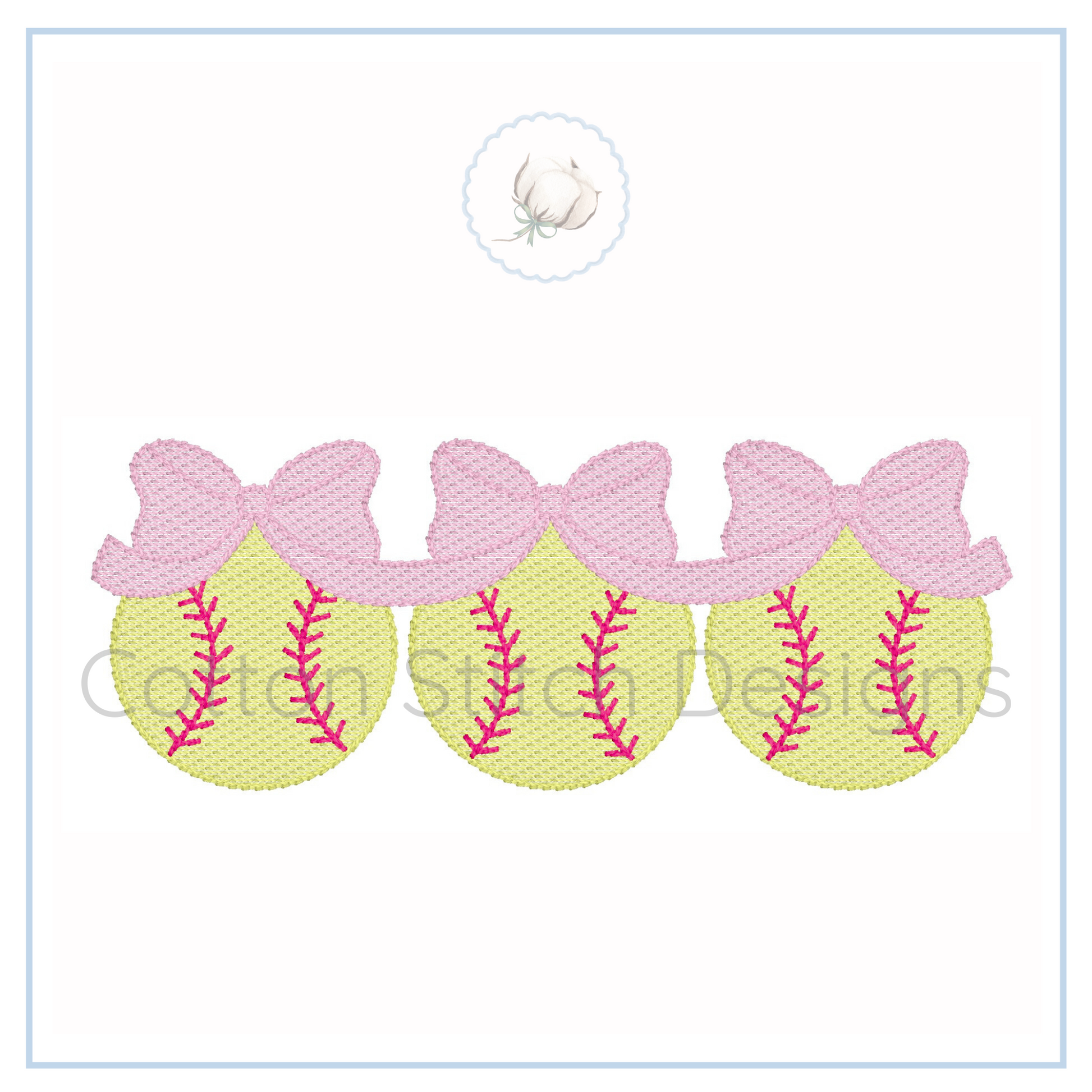 Machine Embroidery design Cotton Stitch Designs Three embroidered softball designs with pink bows on a white background