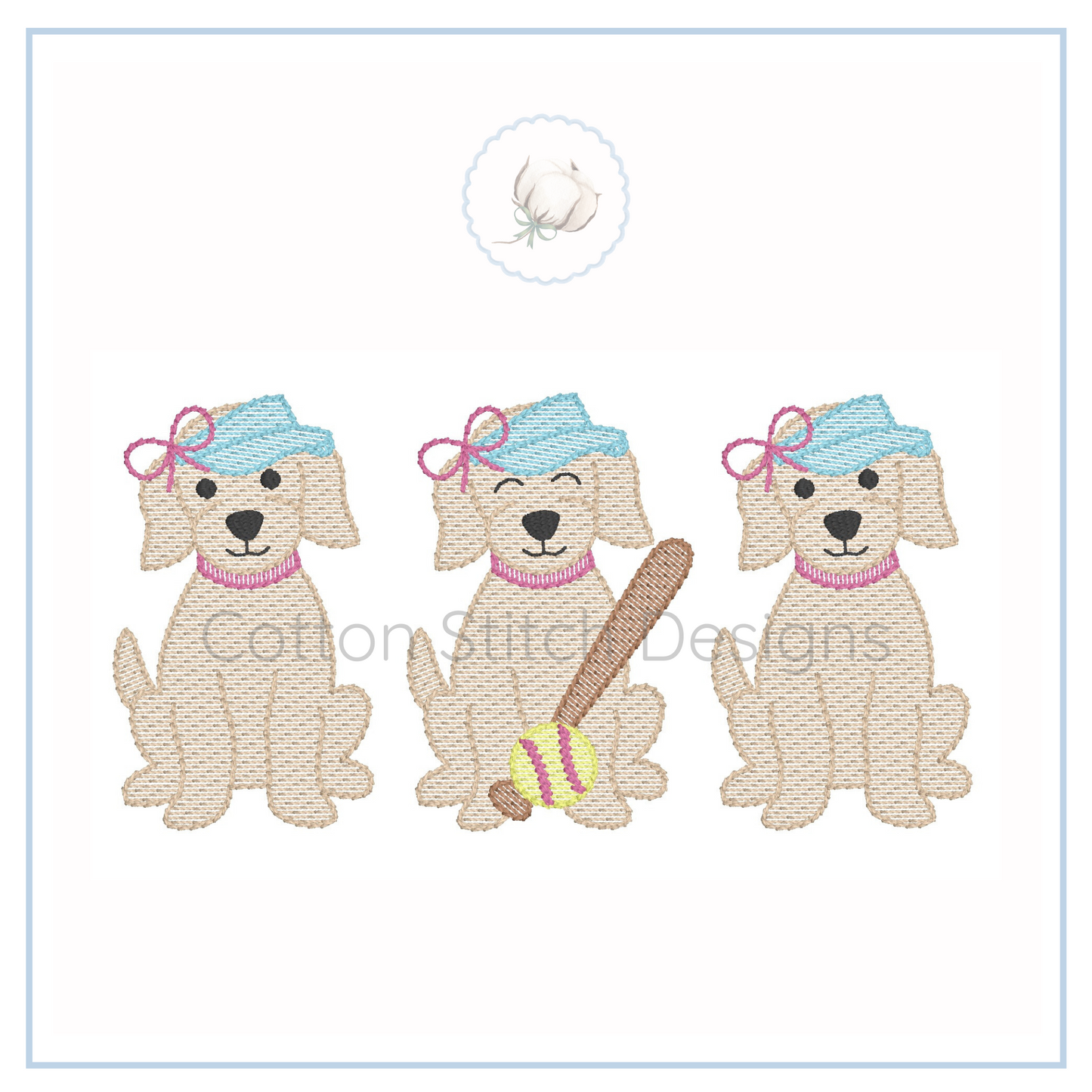 Machine Embroidery design Cotton Stitch Designs Three cartoon dogs with blue hats and pink bows, one holding a baseball bat and ball, on a white background.
