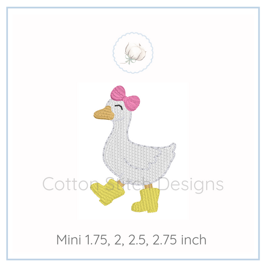 Machine Embroidery design Cotton Stitch Designs Embroidery design of a goose with a pink bow on a white background, featuring the brand 'Cotton and Steel Designs'.