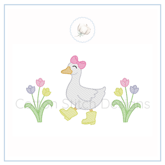 Machine Embroidery design Cotton Stitch Designs Embroidery design of a duck with flowers on a white background