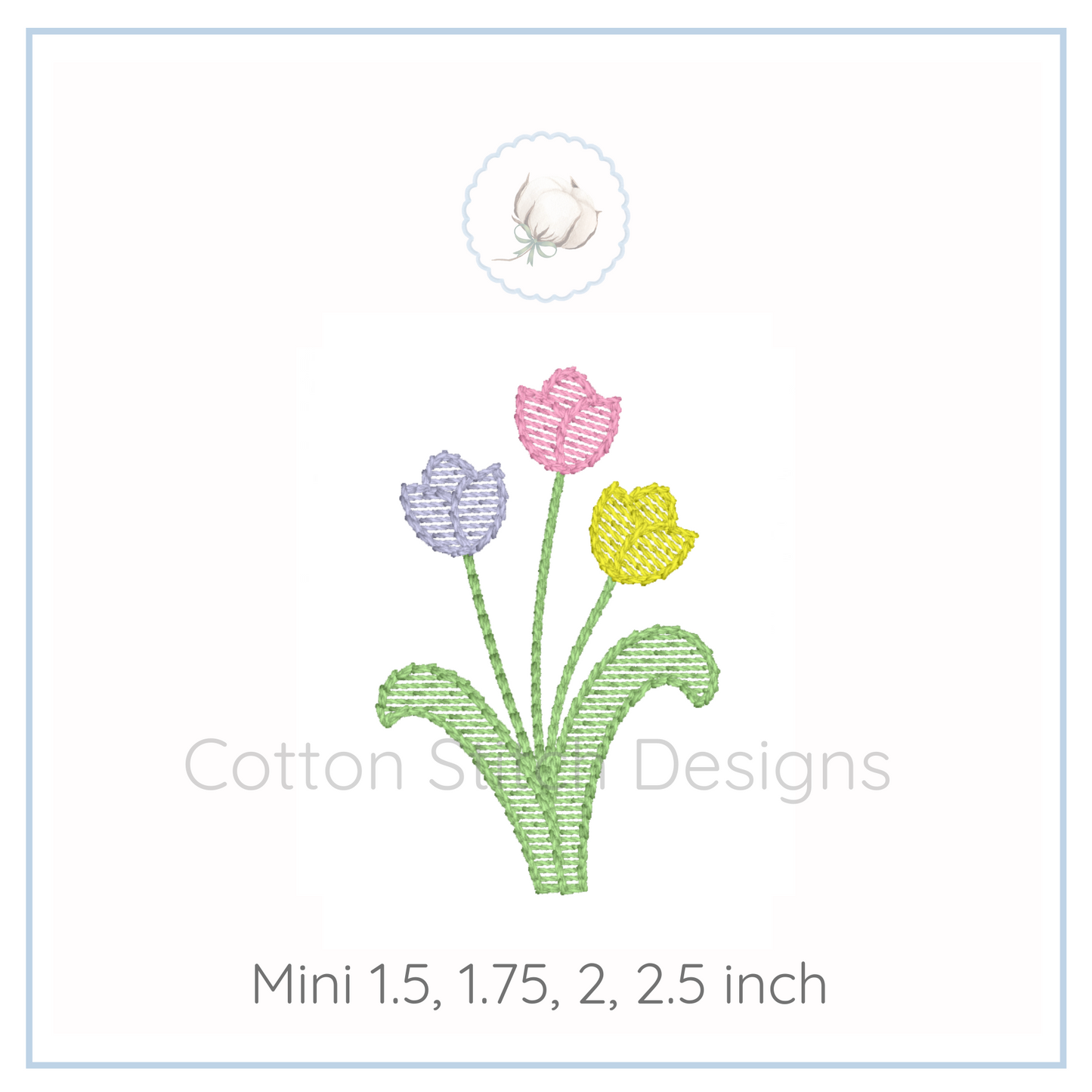 Machine Embroidery design Cotton Stitch Designs Embroidery design of colorful tulips with 'Cotton Star Designs' branding on a white background.