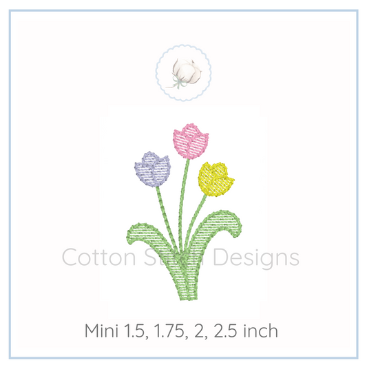 Machine Embroidery design Cotton Stitch Designs Embroidery design of colorful tulips with 'Cotton Star Designs' branding on a white background.