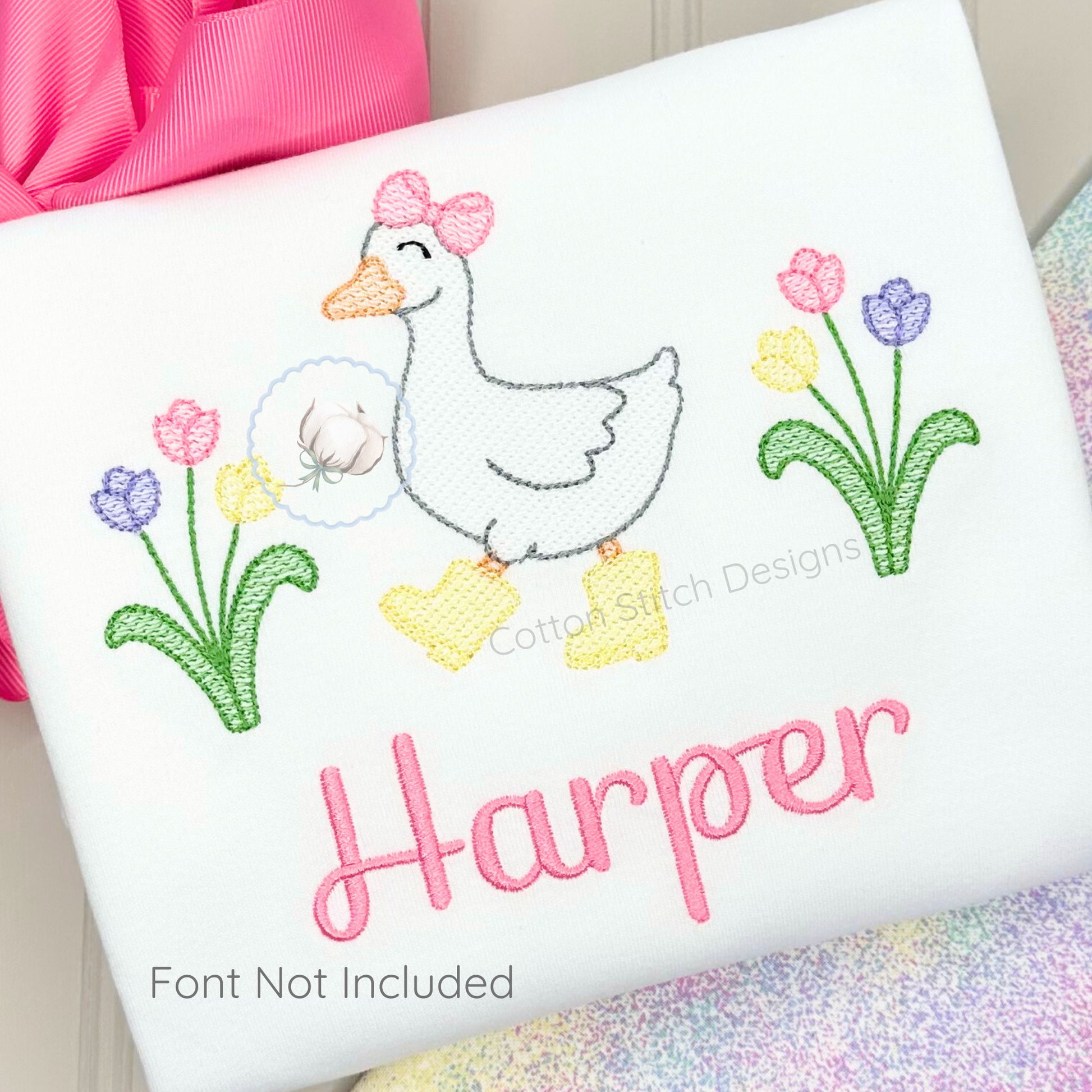 Machine Embroidery design Cotton Stitch Designs Embroidered design of a goose with flowers and the name 'Harper' on a white background.