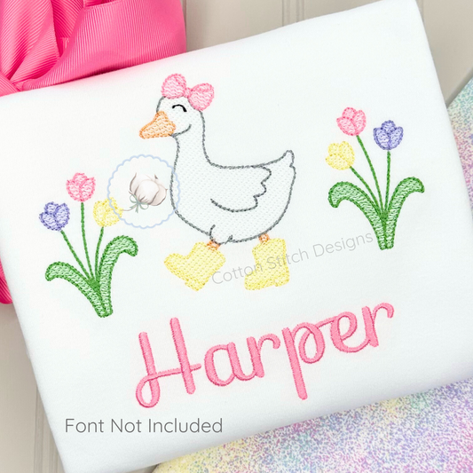 Machine Embroidery design Cotton Stitch Designs Embroidered design of a goose with flowers and the name 'Harper' on a white background.