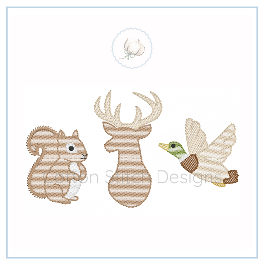 Machine Embroidery design Cotton Stitch Designs Embroidered designs of a squirrel, deer, and duck.