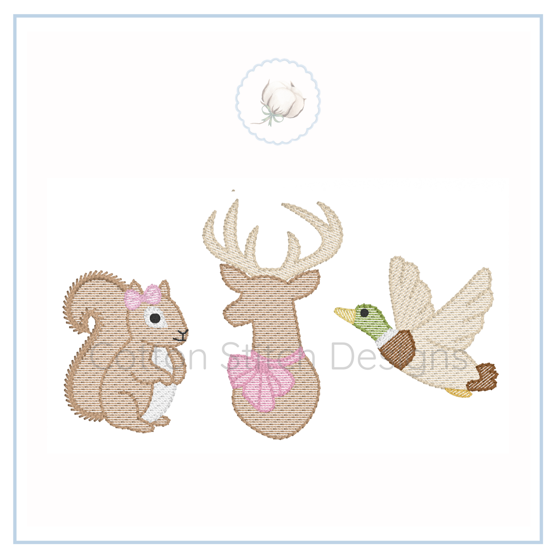 Machine Embroidery design Cotton Stitch Designs Embroidered patch set with a squirrel, deer, and duck.