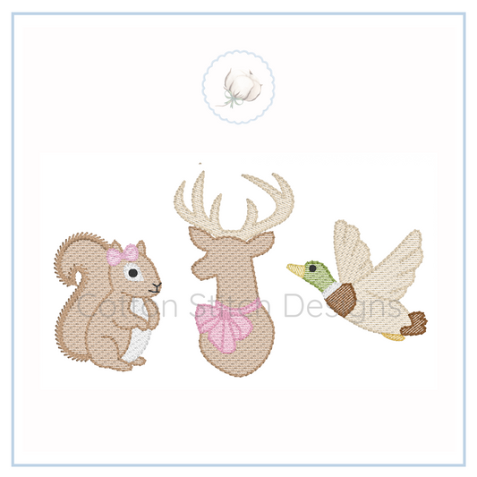 Machine Embroidery design Cotton Stitch Designs Embroidered patch set with a squirrel, deer, and duck.