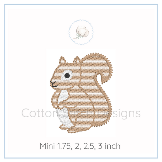 Machine Embroidery design Cotton Stitch Designs Embroidered squirrel design with size options on a white background