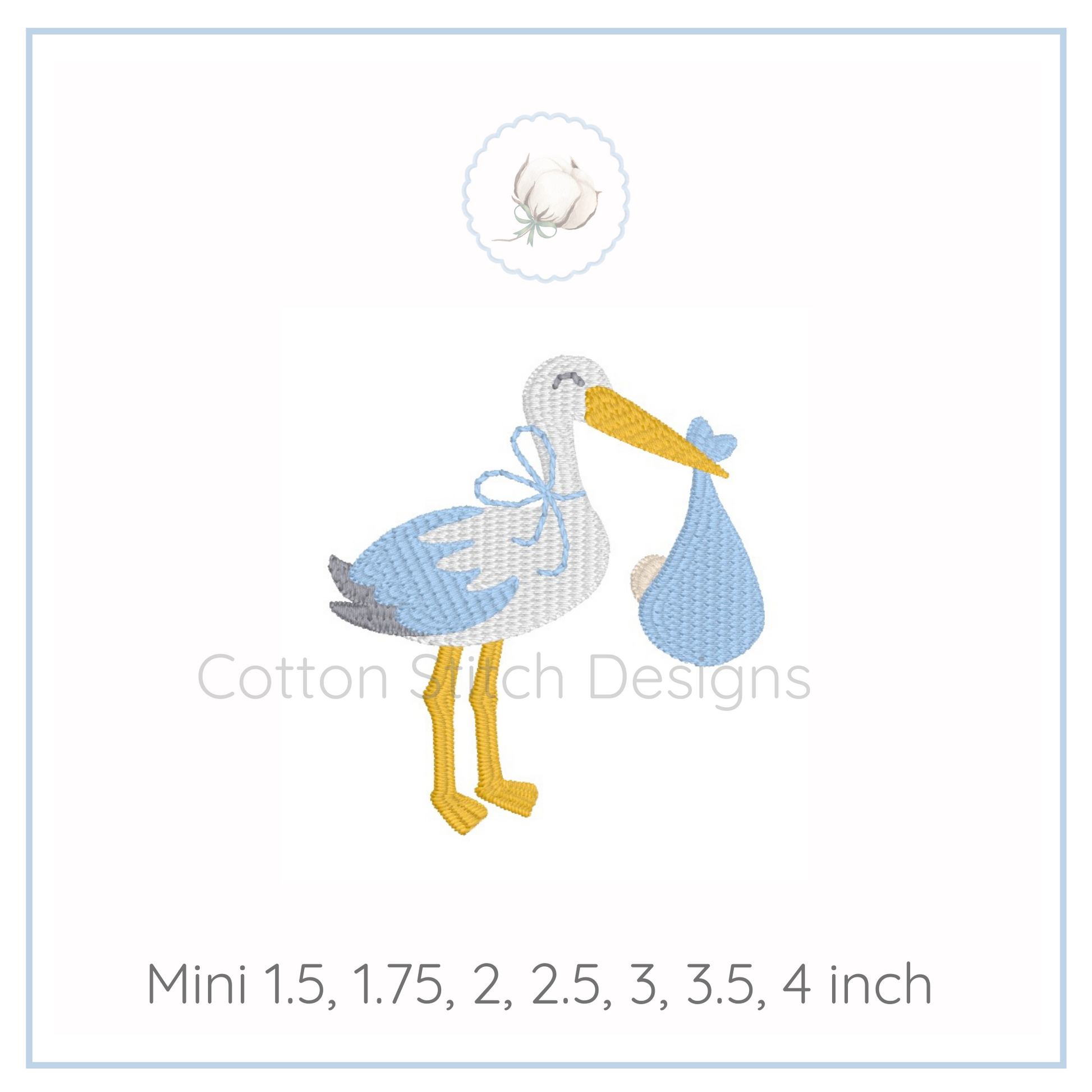 Machine Embroidery design Cotton Stitch Designs Stork holding a baby bag with size options displayed on a white background.