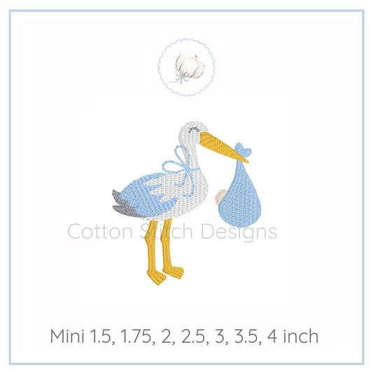 Machine Embroidery design Cotton Stitch Designs Stork holding a baby bag with size options displayed on a white background.