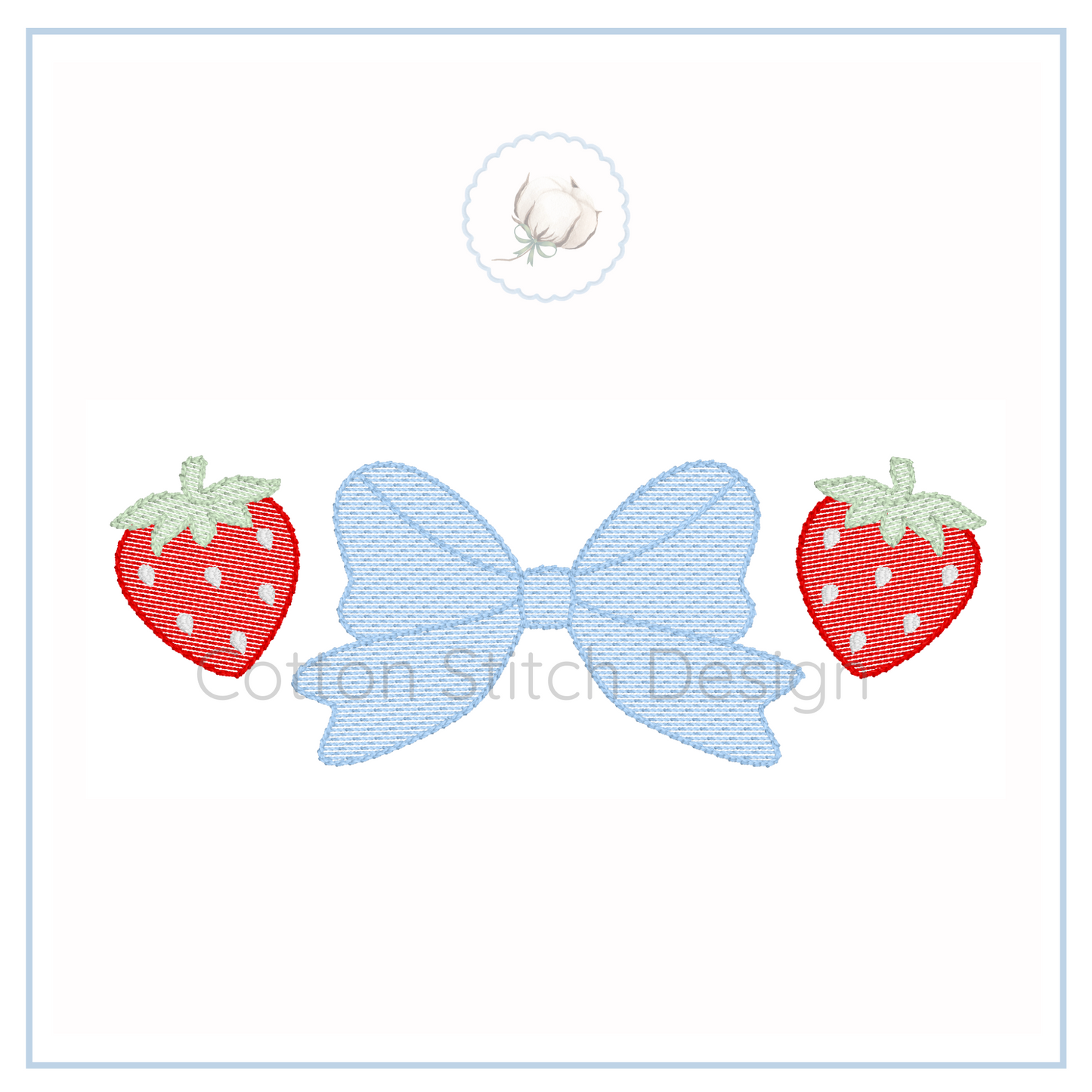 Machine Embroidery design Cotton Stitch Designs Two red strawberries with green leaves and a blue bow on a white background, branded 'Cotton Stitch Designs'.