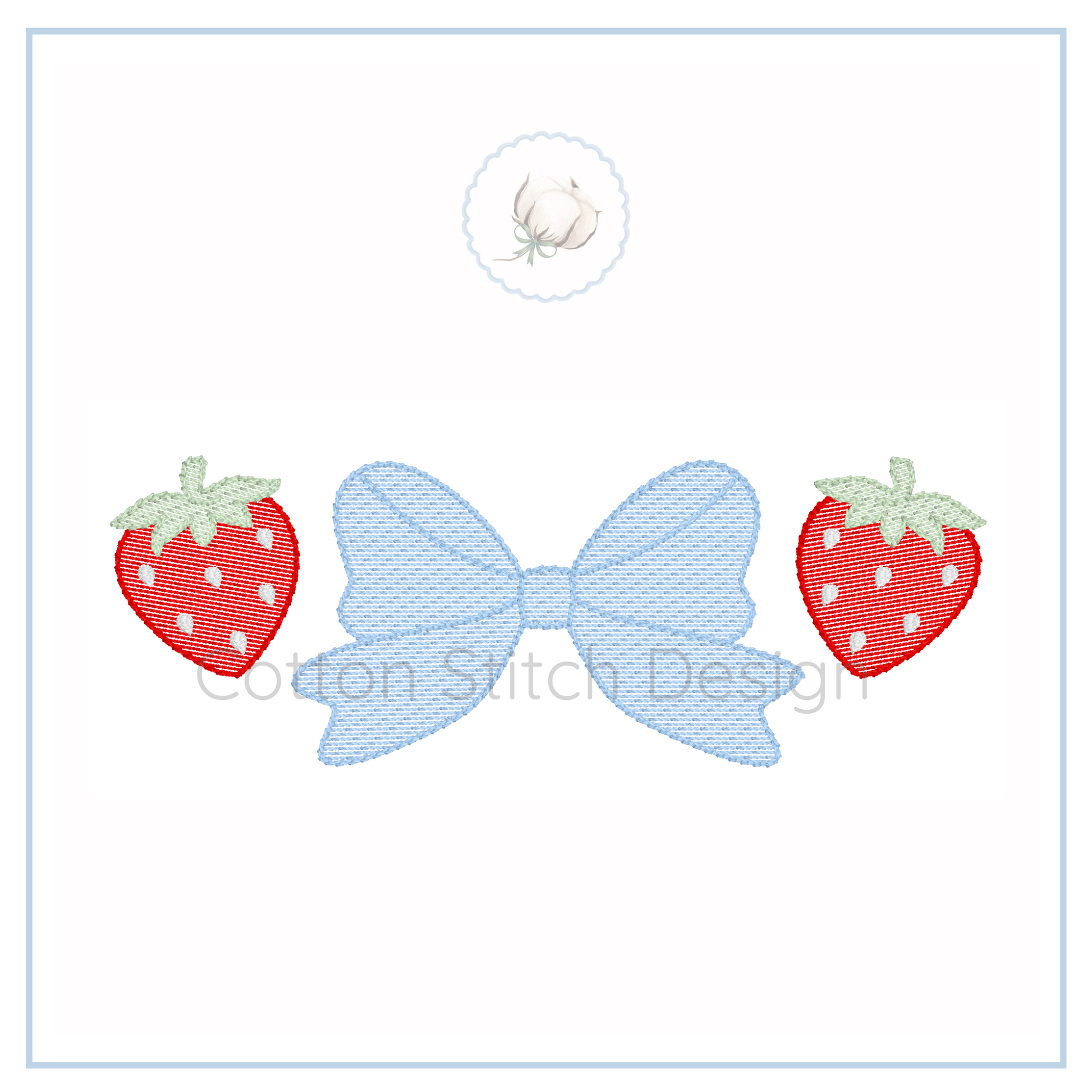 Machine Embroidery design Cotton Stitch Designs Two red strawberries with green leaves and a blue bow on a white background, branded 'Cotton Stitch Designs'.
