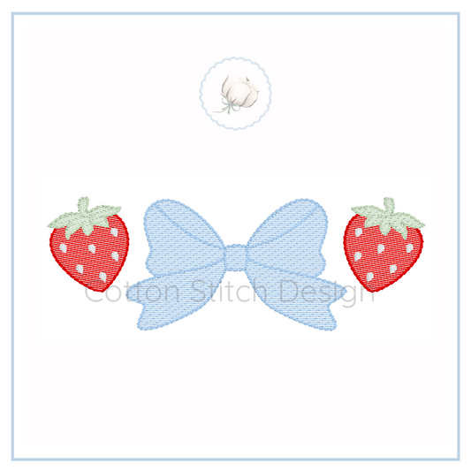 Machine Embroidery design Cotton Stitch Designs Two red strawberries with green leaves and a blue bow on a white background, branded 'Cotton Stitch Designs'.