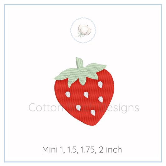 Machine Embroidery design Cotton Stitch Designs Red strawberry patch with green leaves on a white background, branded 'Cotton Stitch Designs'.