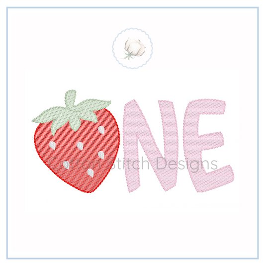 Machine Embroidery design Cotton Stitch Designs Embroidery design with a strawberry and the word 'ONE' on a white background