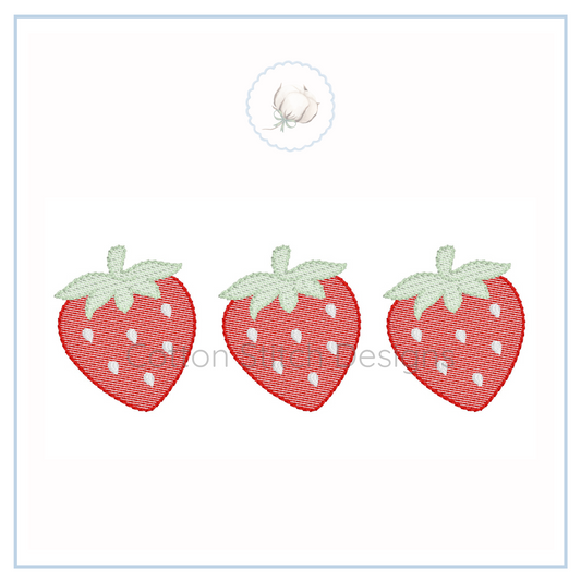 Machine Embroidery design Cotton Stitch Designs Three strawberry-shaped earrings on a white card with a brand logo.