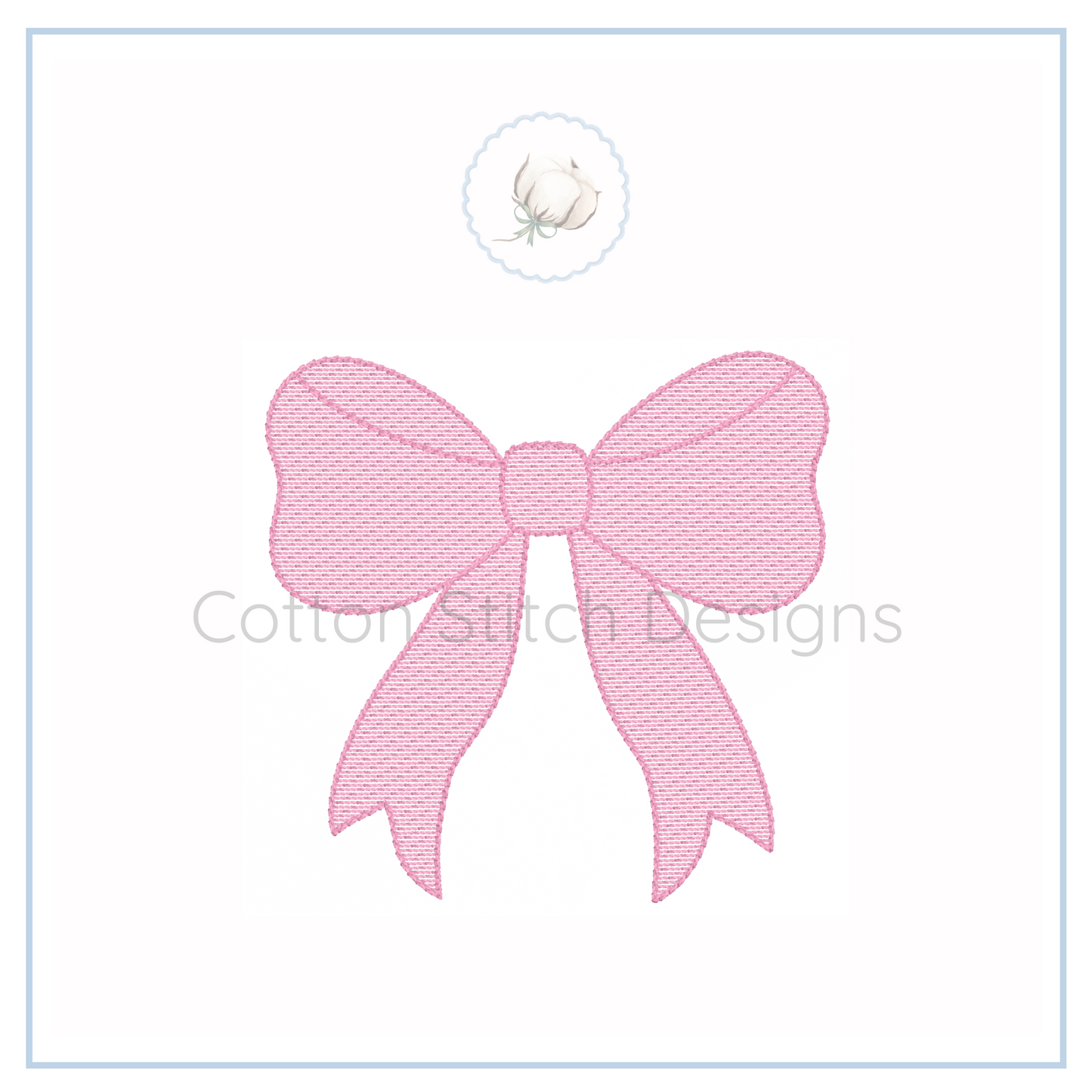 Machine Embroidery design Cotton Stitch Designs Pink bow design on a white background with 'Cotton Stitch Designs' branding.