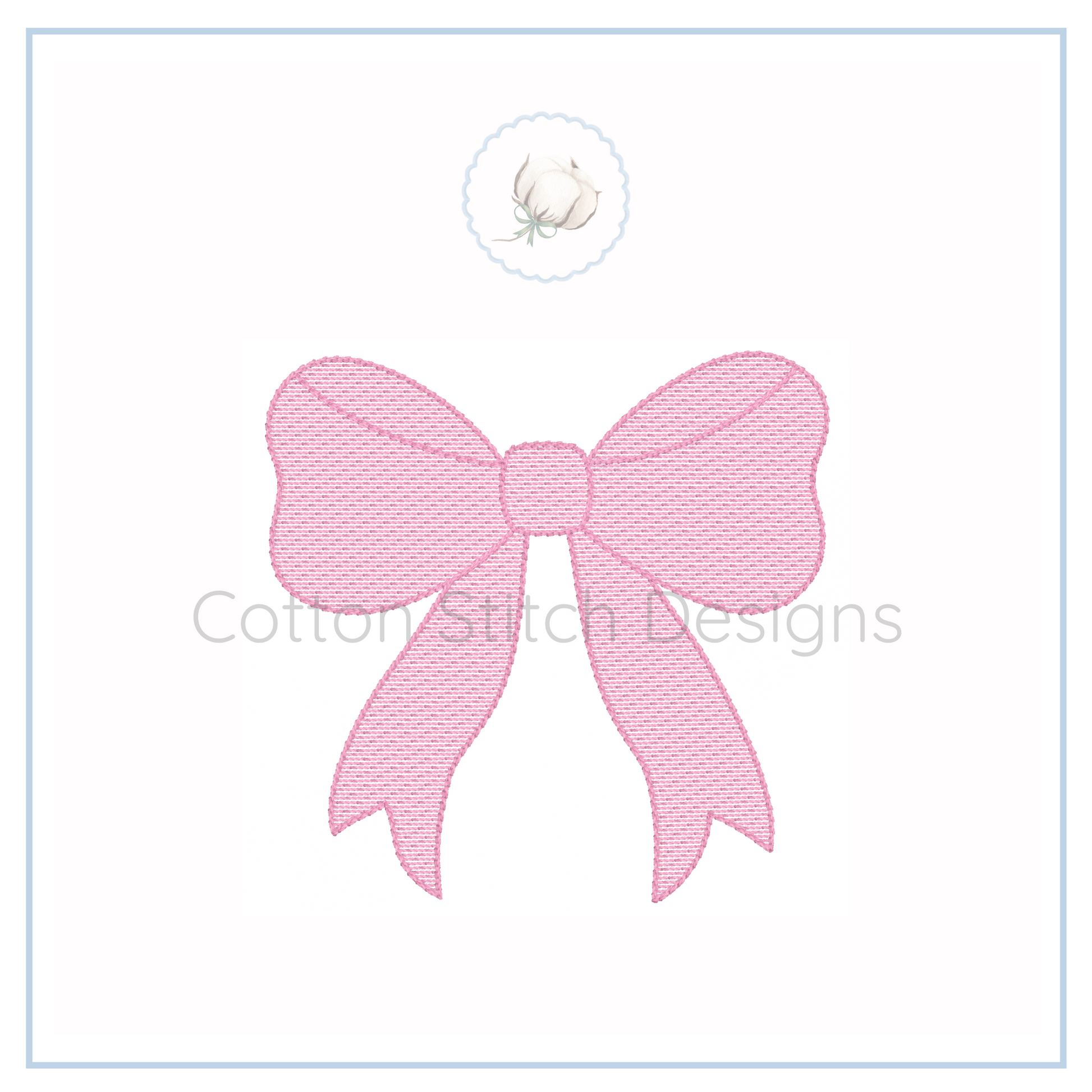 Machine Embroidery design Cotton Stitch Designs Pink bow design on a white background with 'Cotton Stitch Designs' branding.