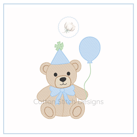Machine Embroidery design Cotton Stitch Designs Embroidered design of a teddy bear with a blue hat and balloon on a white background.