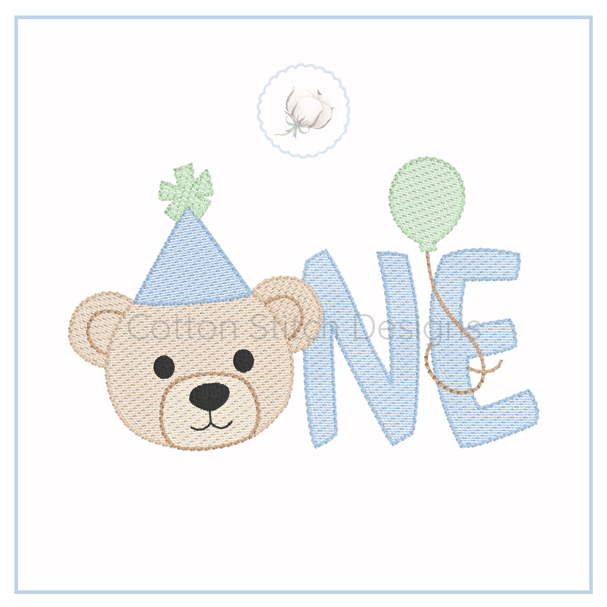 Machine Embroidery design Cotton Stitch Designs Embroidered design of a bear face with a blue party hat and green balloon, accompanied by the letters 'ONE'.