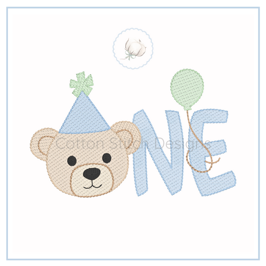 Machine Embroidery design Cotton Stitch Designs Embroidered design of a bear face with a blue party hat and green balloon, accompanied by the letters 'ONE'.