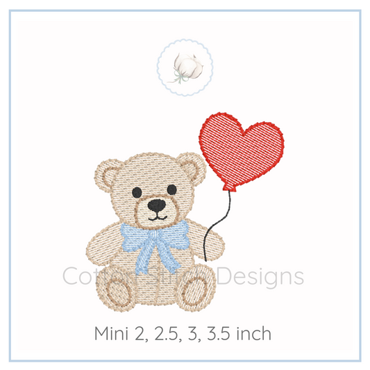 Machine Embroidery design Cotton Stitch Designs Embroidered design of a teddy bear with a red heart balloon on a white background.