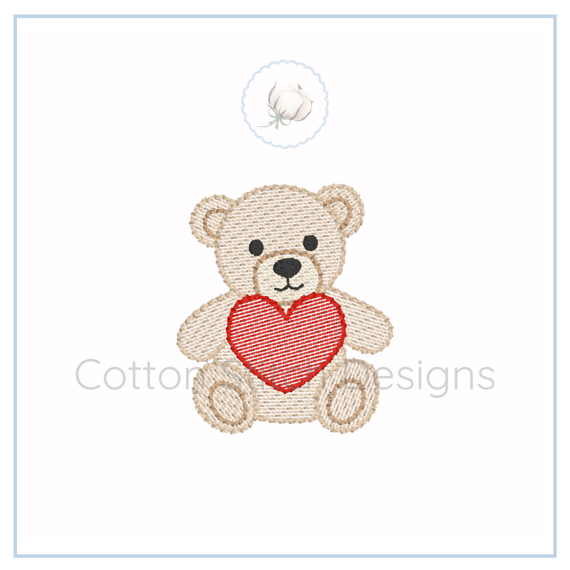 Machine Embroidery design Cotton Stitch Designs Embroidered teddy bear with a red heart on a white background, branded 'Cotton and Designs'.