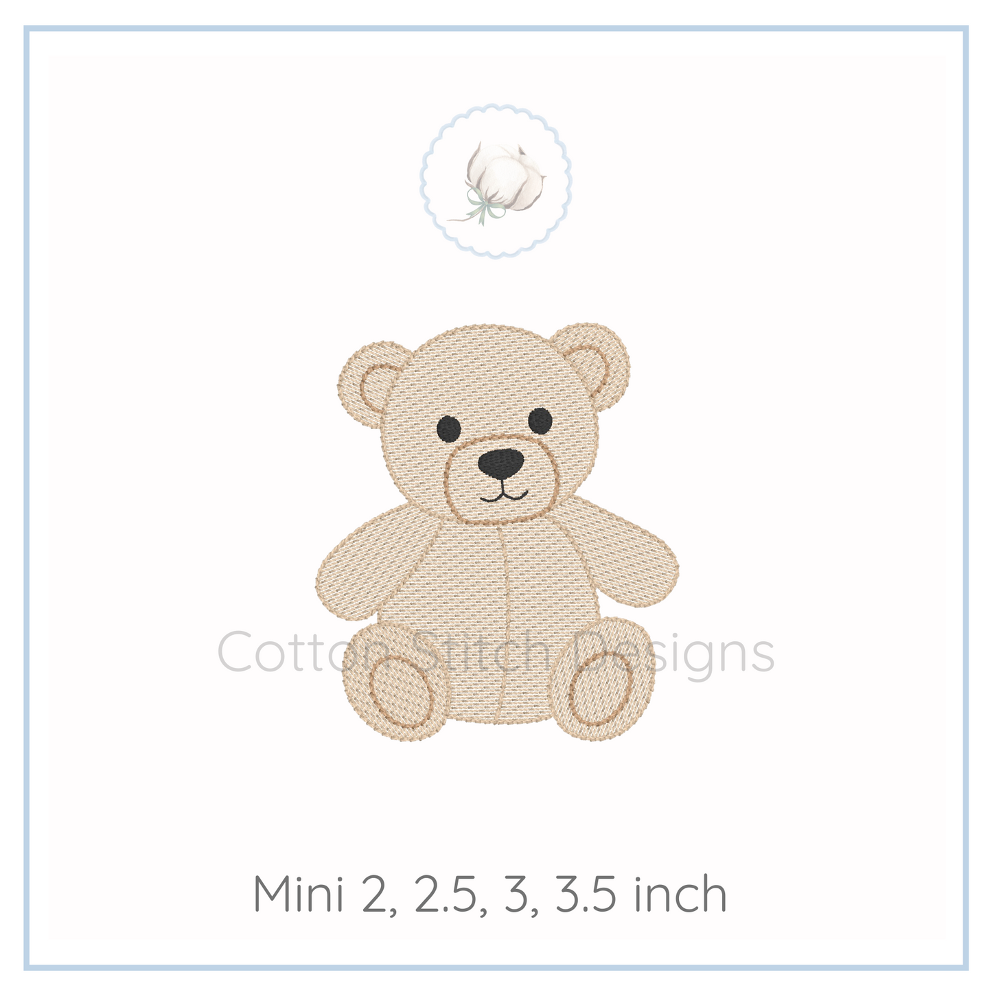 Machine Embroidery design Cotton Stitch Designs Beige teddy bear embroidery design with size specifications on a white background