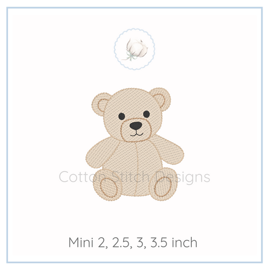 Machine Embroidery design Cotton Stitch Designs Beige teddy bear embroidery design with size specifications on a white background