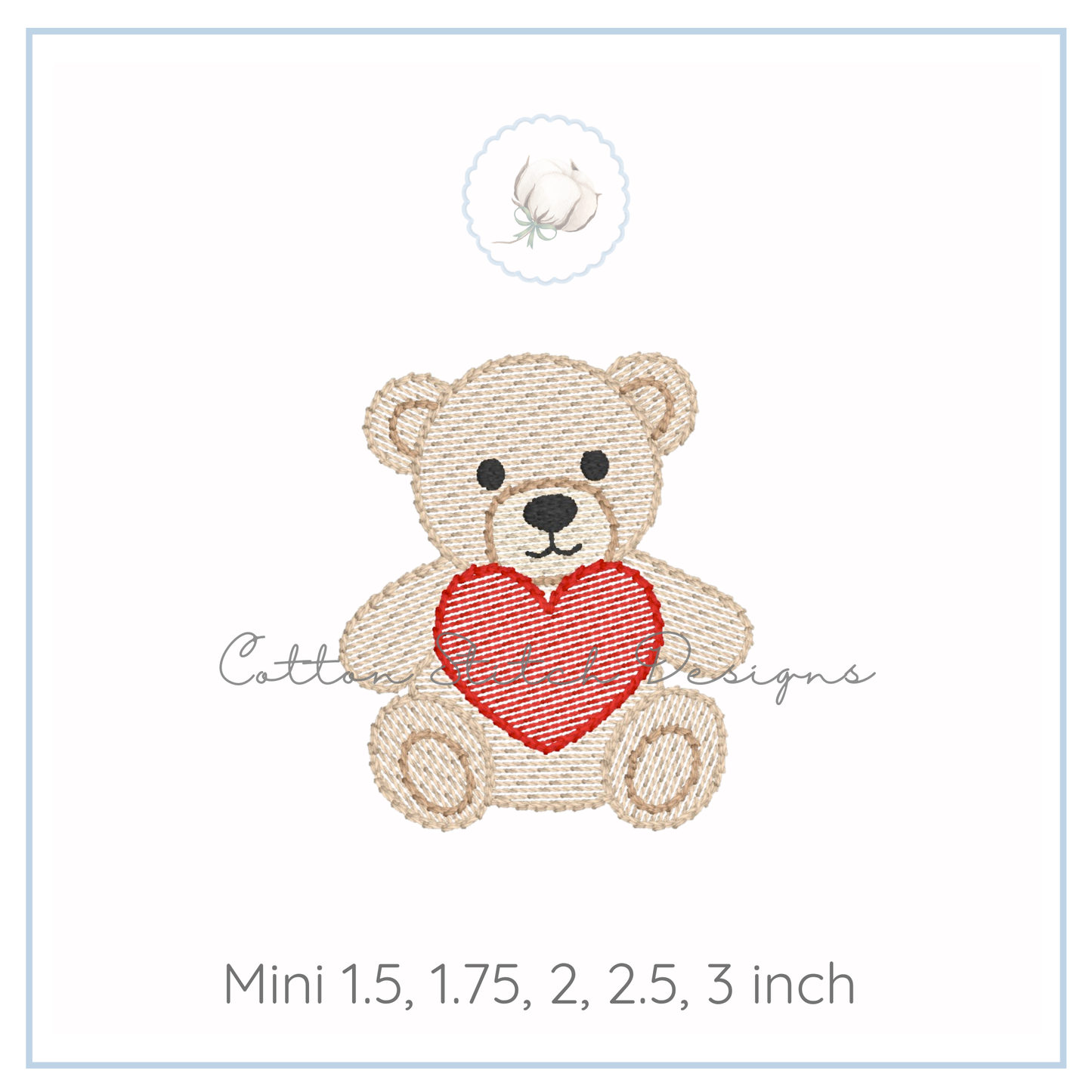 Mini Teddy Bear with Heart Embroidery Design