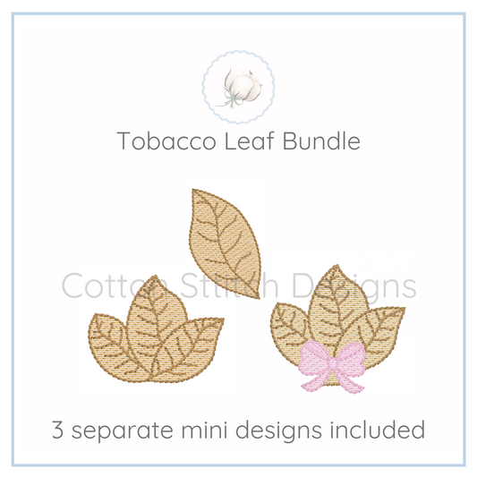 Machine Embroidery design Cotton Stitch Designs Tobacco leaf bundle with a pink bow on a white background, featuring Cotton Stitch Designs branding.