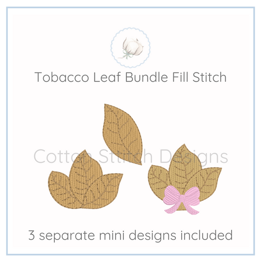 Machine Embroidery design Cotton Stitch Designs Tobacco leaf bundle fill stitch design with a pink bow on a white background, featuring the brand 'Cotton Stitch Designs'.