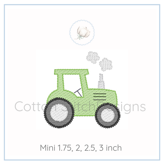 Machine Embroidery design Cotton Stitch Designs Green tractor embroidery design with size options on a white background
