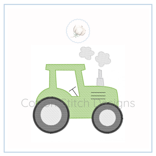Machine Embroidery design Cotton Stitch Designs Embroidered design of a green tractor with gray wheels on a white background.