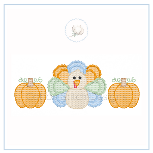 Machine Embroidery design Cotton Stitch Designs Embroidered design of a turkey with pumpkins on a white background
