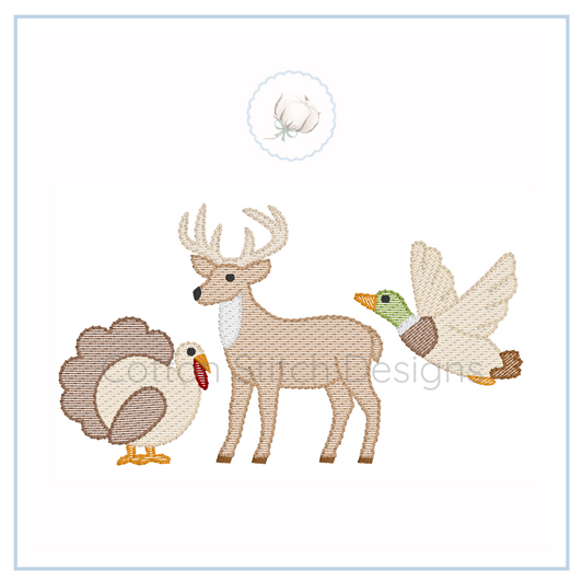 Machine Embroidery design Cotton Stitch Designs Embroidered design of a deer, turkey, and eagle on a white background