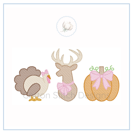 Machine Embroidery design Cotton Stitch Designs turkey, deer, pumpkin trio with bows.