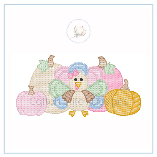 Machine Embroidery design Cotton Stitch Designs Embroidered design of a turkey with pumpkins on a white background