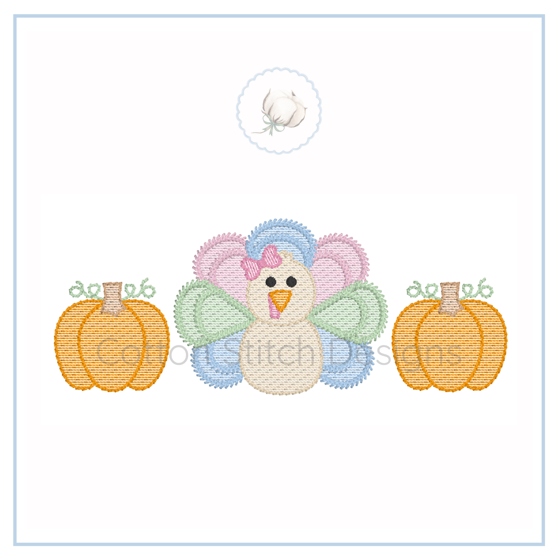 Machine Embroidery design Cotton Stitch Designs Cross-stitched design of a turkey with pumpkins on a white background