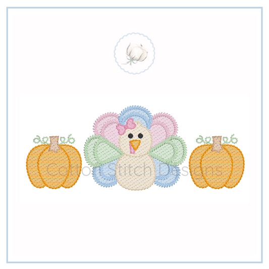 Machine Embroidery design Cotton Stitch Designs Cross-stitched design of a turkey with pumpkins on a white background