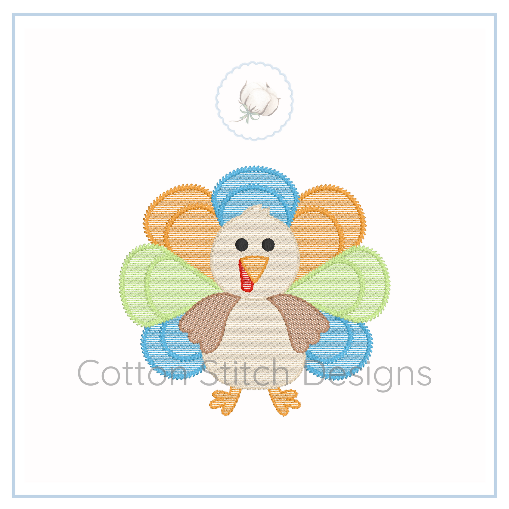 Machine Embroidery design Cotton Stitch Designs Colorful embroidered turkey design with 'Cotton Stitch Designs' branding on a white background