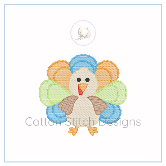 Machine Embroidery design Cotton Stitch Designs Colorful embroidered turkey design with 'Cotton Stitch Designs' branding on a white background