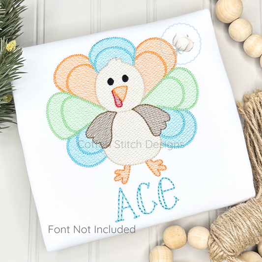 Machine Embroidery design Cotton Stitch Designs Embroidered design of a turkey with colorful feathers on a white fabric background.