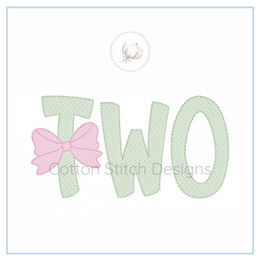 Machine Embroidery design Cotton Stitch Designs Embroidery design with the word 'TWO' and a pink bow on a white background