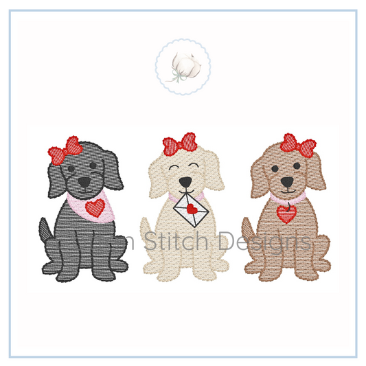 Machine Embroidery design Cotton Stitch Designs Three cartoon dogs with red bows and heart accessories on a white background