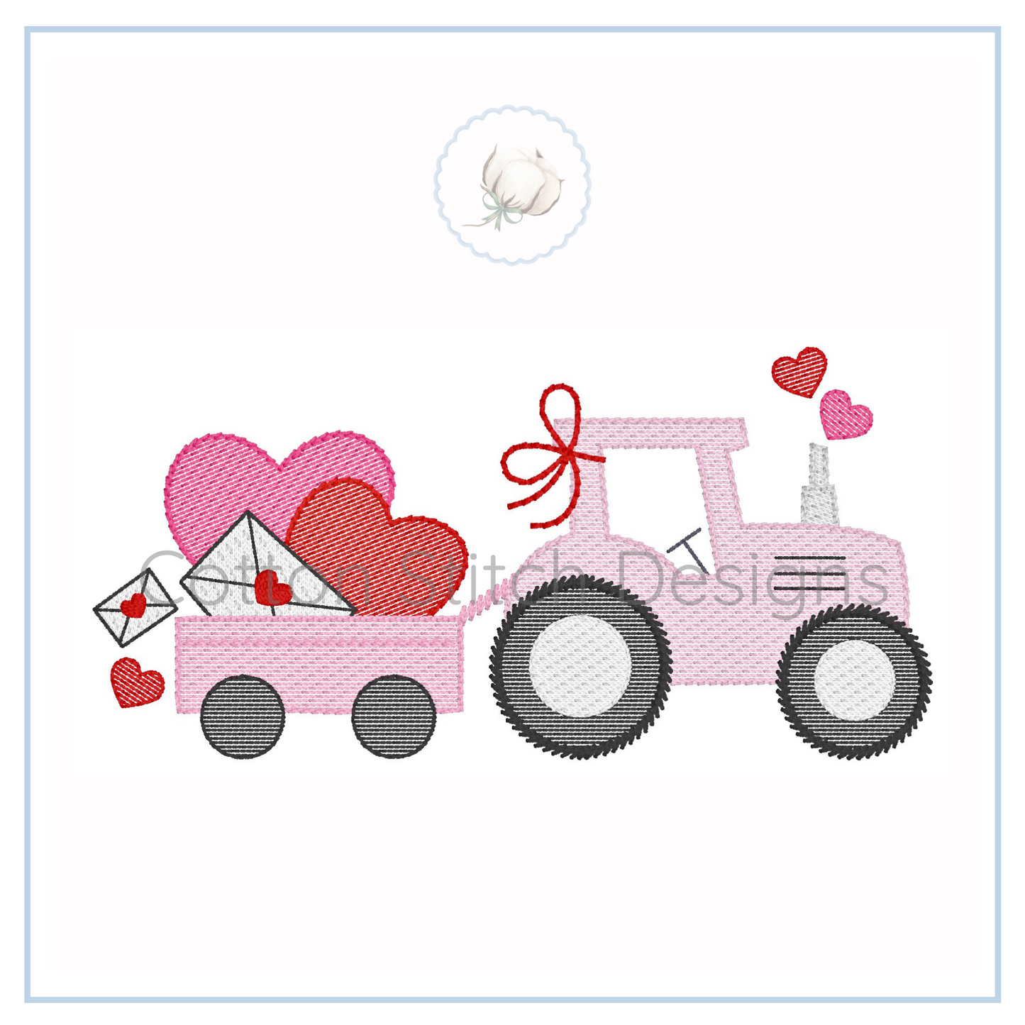 Machine Embroidery design Cotton Stitch Designs Pink tractor with hearts and a bow on a white background