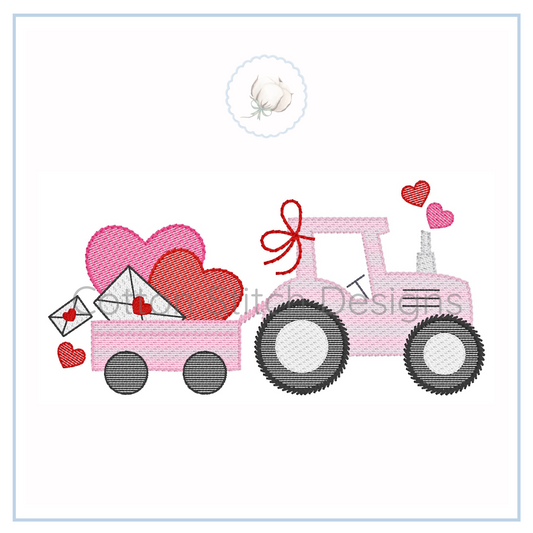 Machine Embroidery design Cotton Stitch Designs Pink tractor with hearts and a bow on a white background